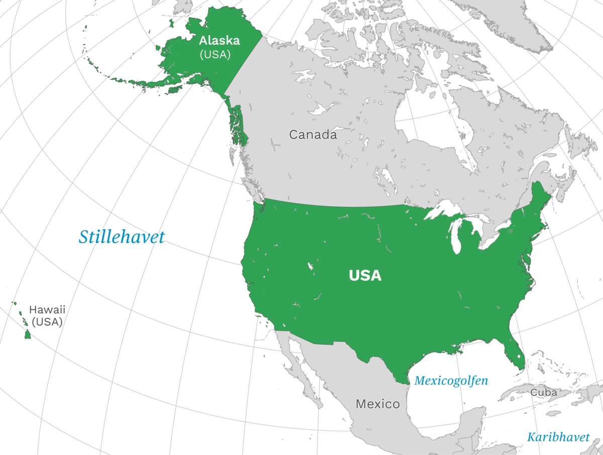 Plassering av USA med naboland rundt, kart.