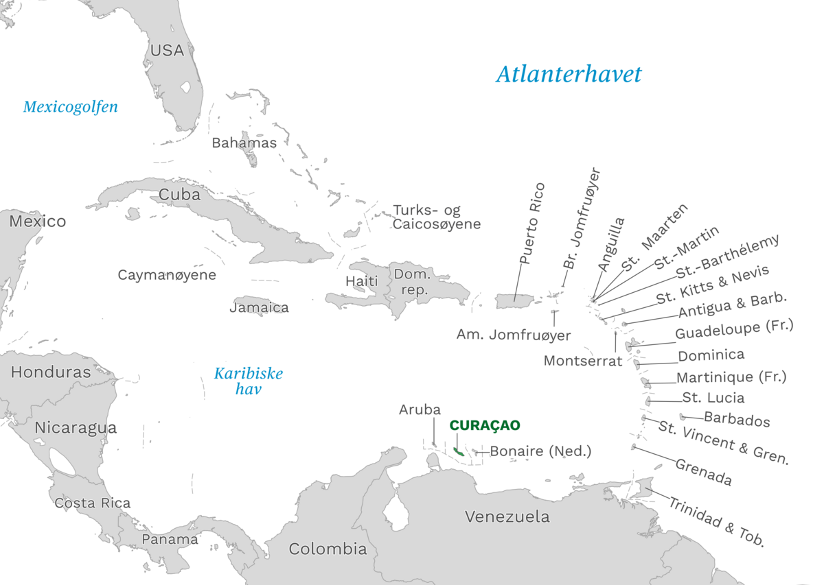 Plassering av Curaçao med naboland rundt, kart