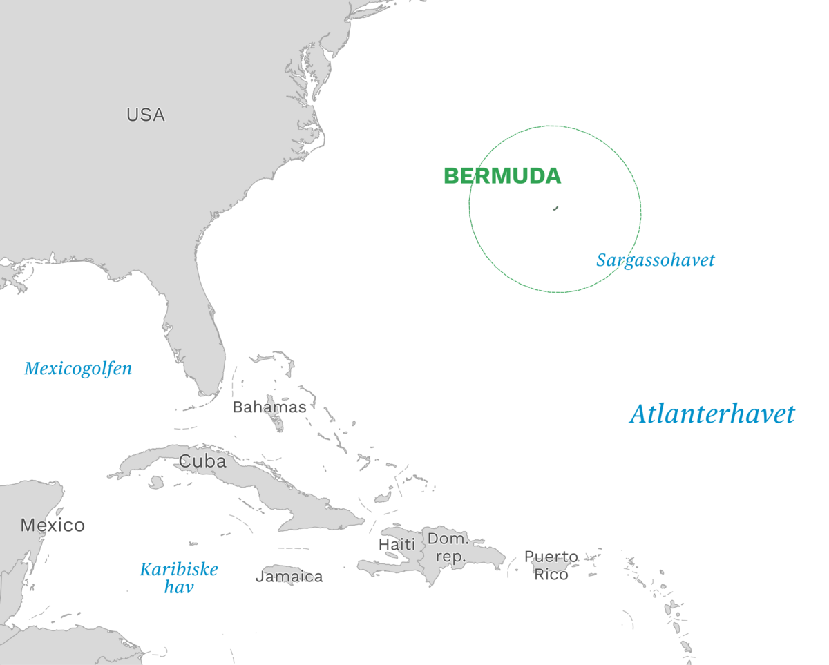 Plassering av Bermuda med naboland rundt, kart