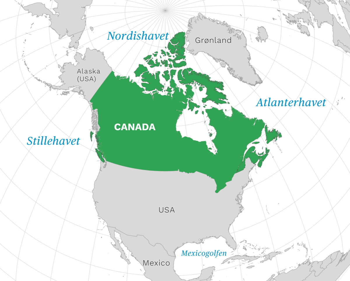 Plassering av Canada med naboland rundt, kart.