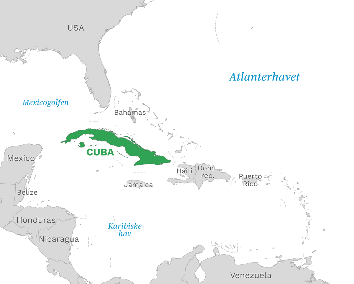 Plassering av Cuba med naboland rundt, kart.