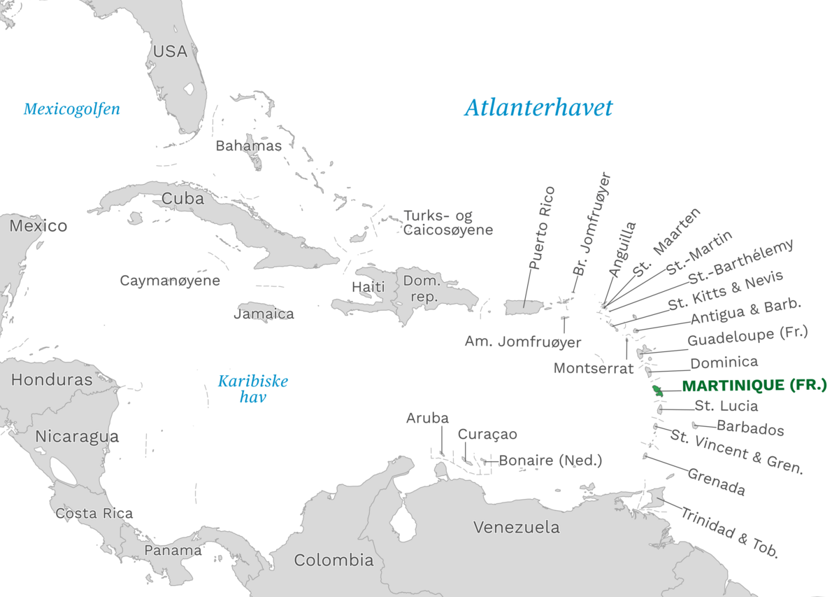 Plassering av Martinique med naboland rundt, kart
