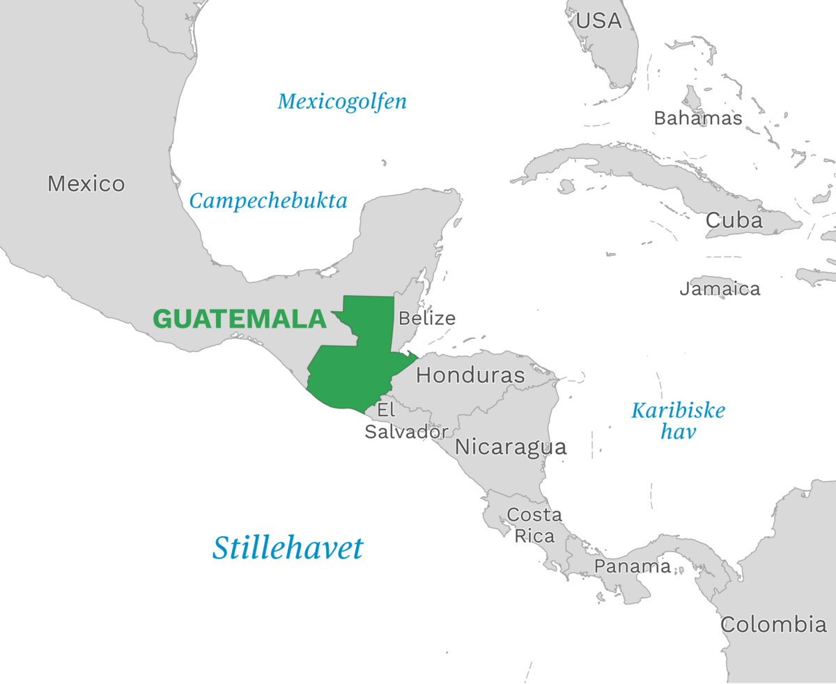 Plassering av Guatemala med naboland rundt, kart.