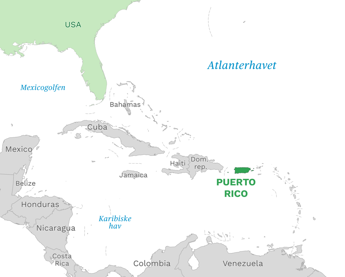 Plassering av Puerto Rico med naboland rundt, kart