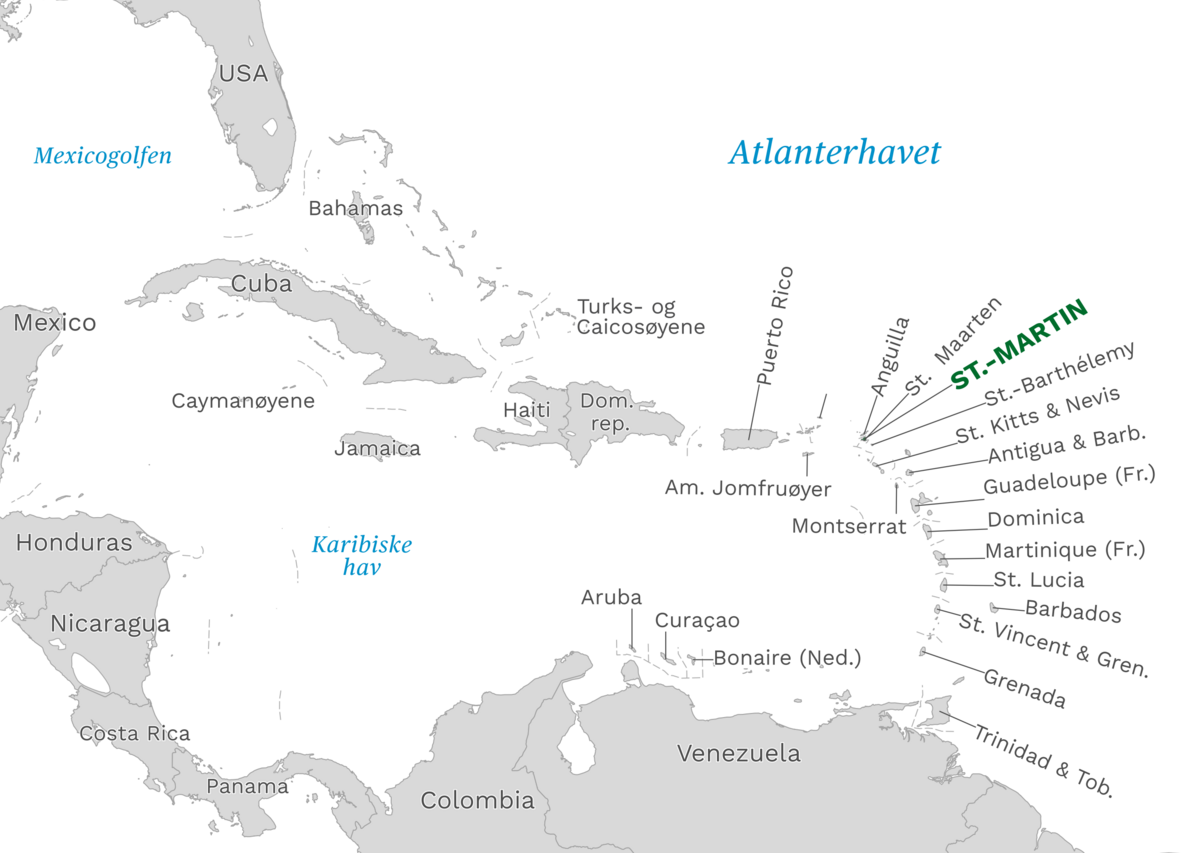 Plassering av St. Martin med naboland rundt, kart