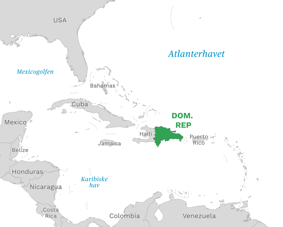Plassering av Den dominikanske republikk med naboland rundt, kart.