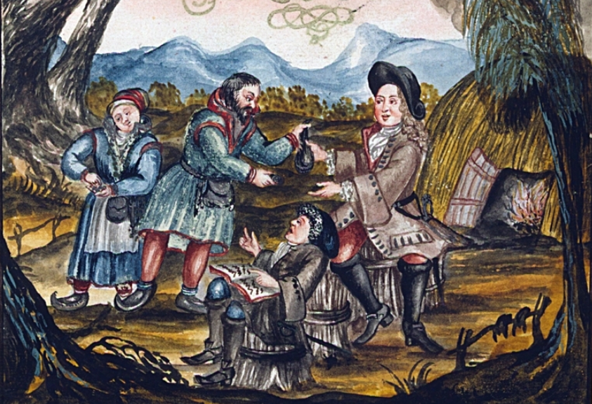 Samer betaler skatt til statlige oppkrevere. Utsnitt fra tegning av Hans Lilienskiold, «Speculum Boreale» (1699)