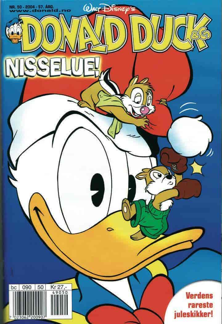 Donald Duck med nisselue. Ekornene Snipp og Snapp klatrer på hodet og nebbet hans.