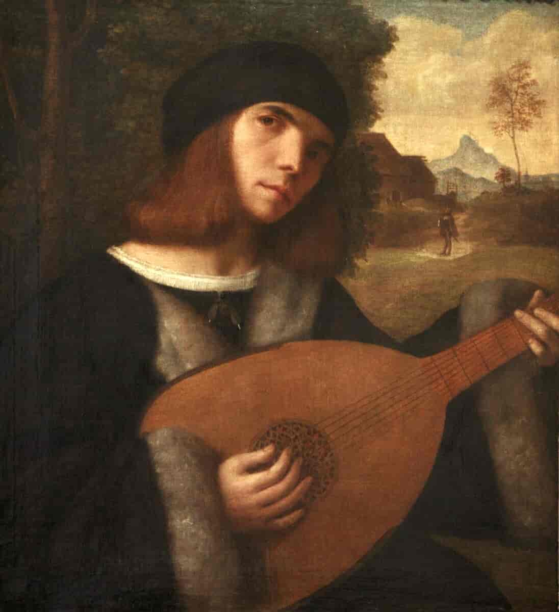 Maleri av en mann som holder en lutt. Det er et strengeinstrument som minner litt om en gitar.