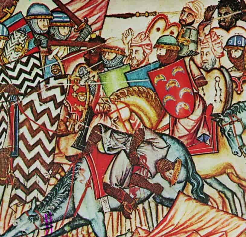 Maleriet viser en gruppe riddere i kamp. Noen er kledd i europeiske drakter som rustning og hjelm, andre er kledd i turbaner.