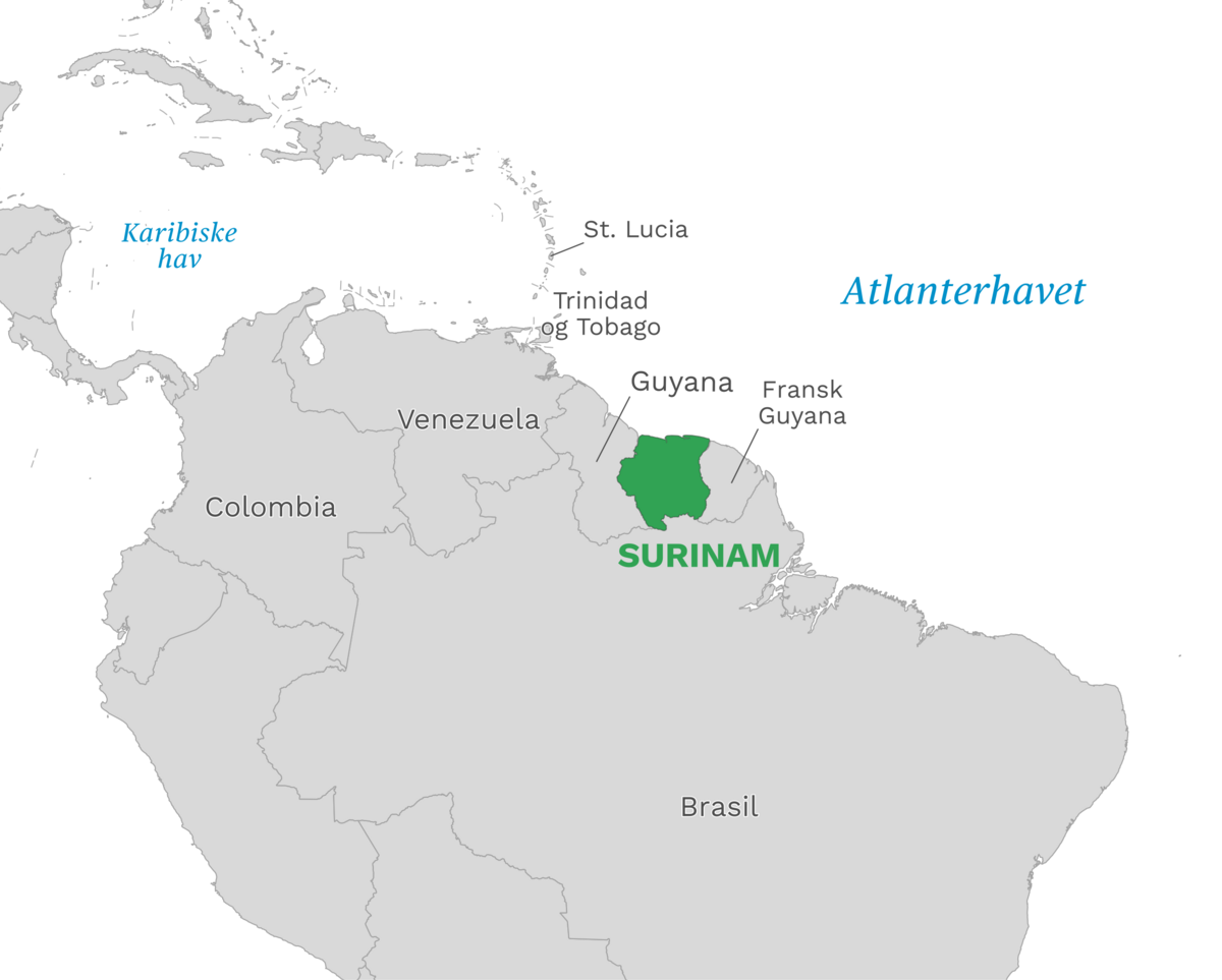 Et kart over plasseringen til Surinam. Surinam ligger nord-øst i Sør-Amerika. 