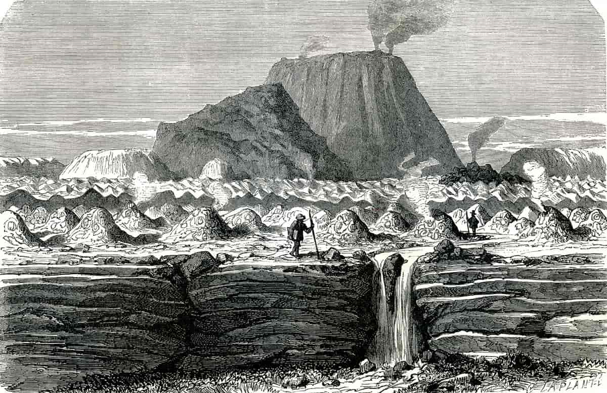 Illustrasjon fra 1875 av El Jorullo-utbruddet i 1759