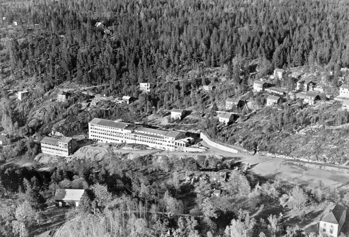 Svart-hvitt fotografi av en stor fabrikkbygning i skogkledd bakke. 