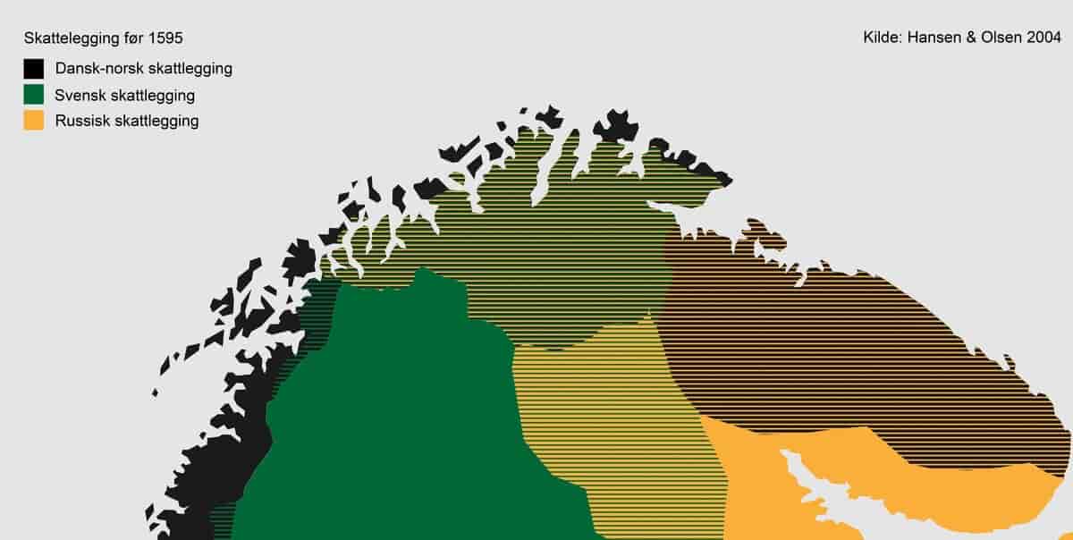 Kart over de nordligste områdene av Norge, Sverige, Finland og Russland, merka med ulike farger etter hvilken monark som hadde skatterettighetene - den danske, svenske eller russiske.