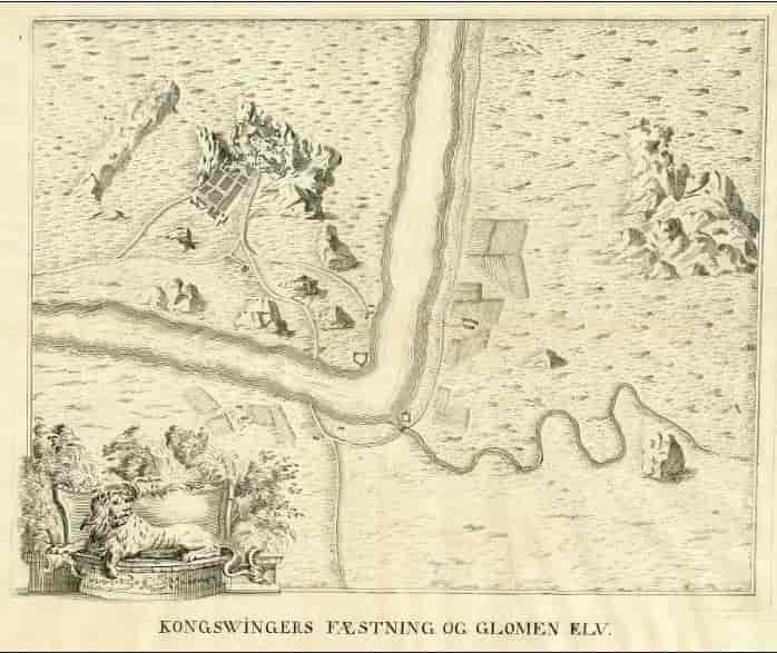 Fra Christian VI's rejse til Norge i 1733. Kongswingers Fæstning og Glomen Elv Omfang: kobberstik