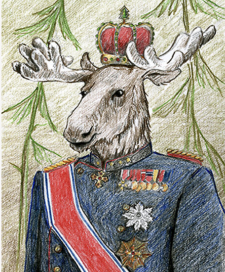 Tegning av en elg med krone og klær til en konge.