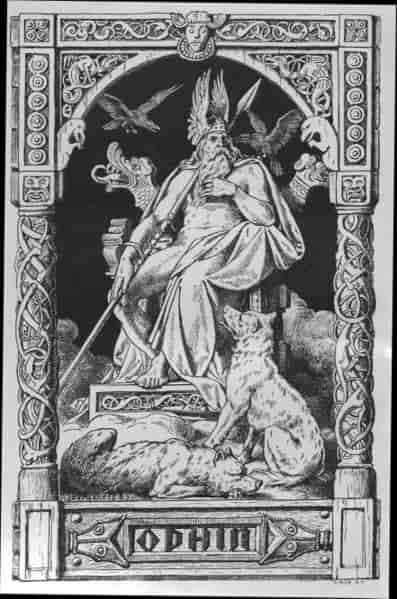 Tegning av guden Odin som sitter på en trone.