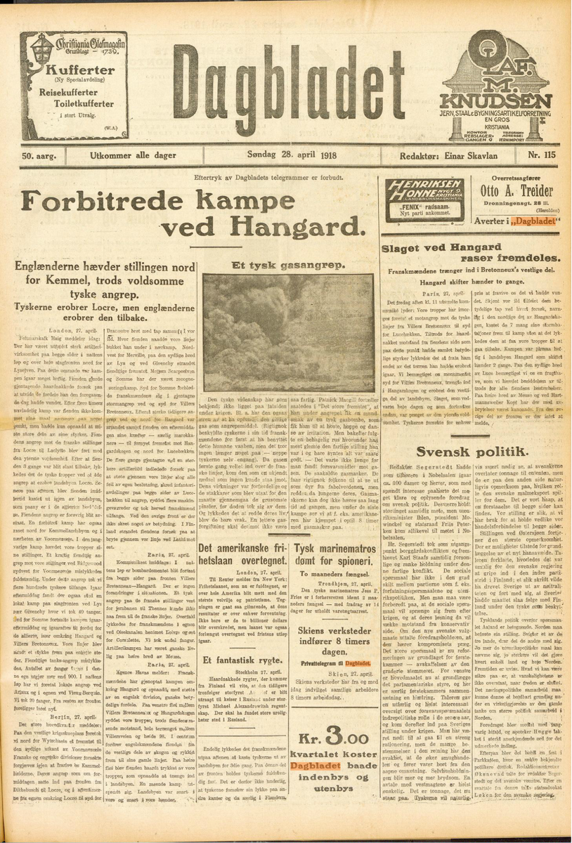 Forsida til Dagbladet 28.04.1918