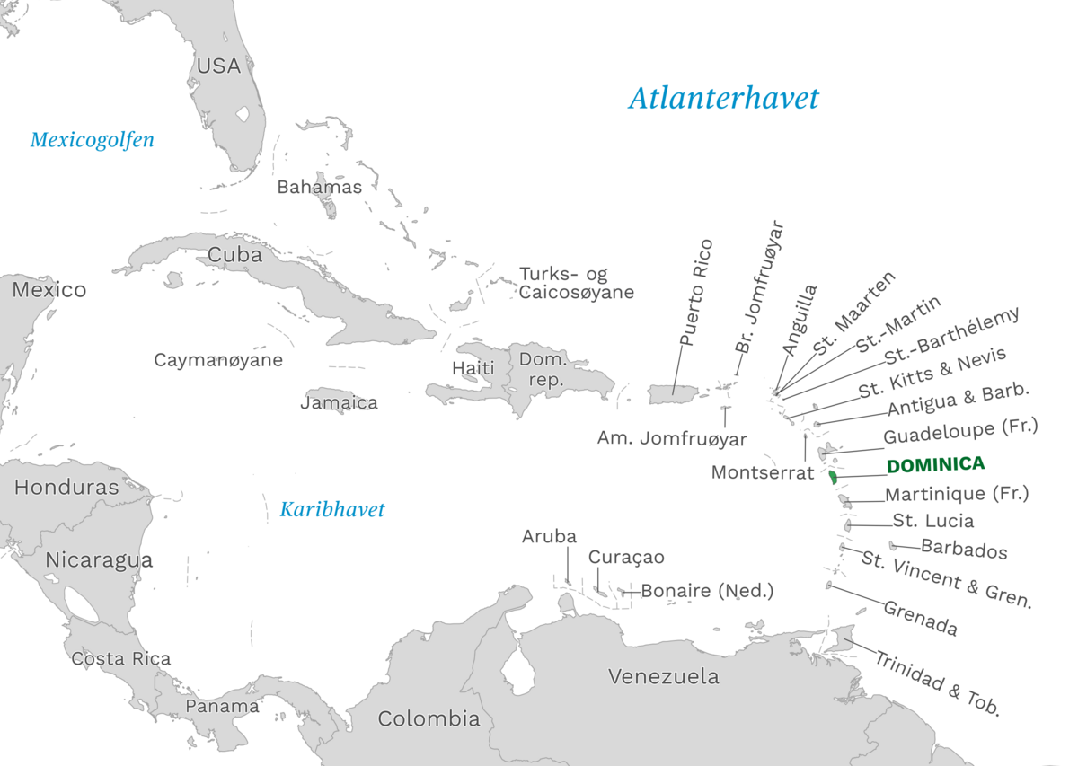 Plassering av Dominica med naboland rundt, kart.
