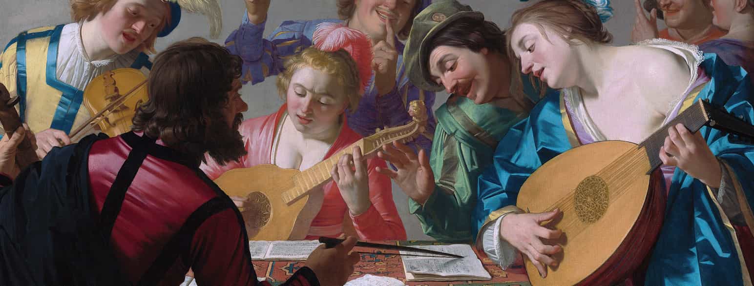 Maleri av flere mennesker rundt et bord hvor det ligger noter. To kvinne spiller på lutt.