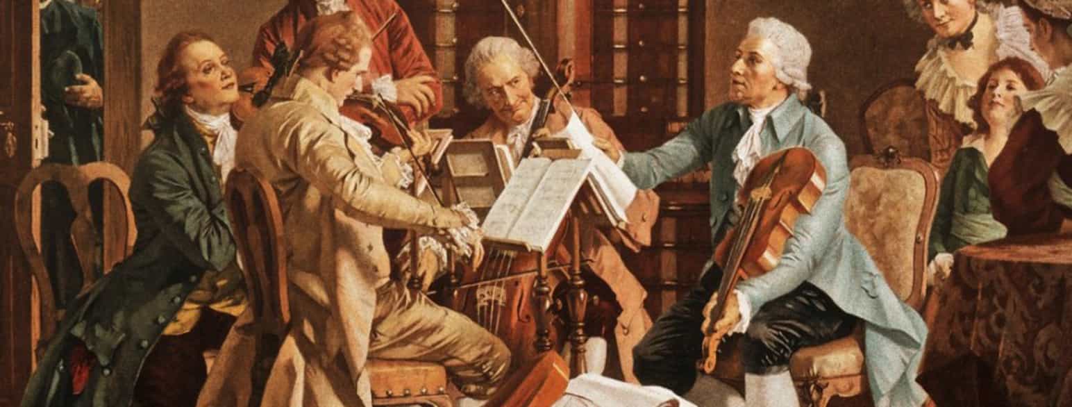 Maleri av fire musikere som spiller bratsj, fiolin og cello.