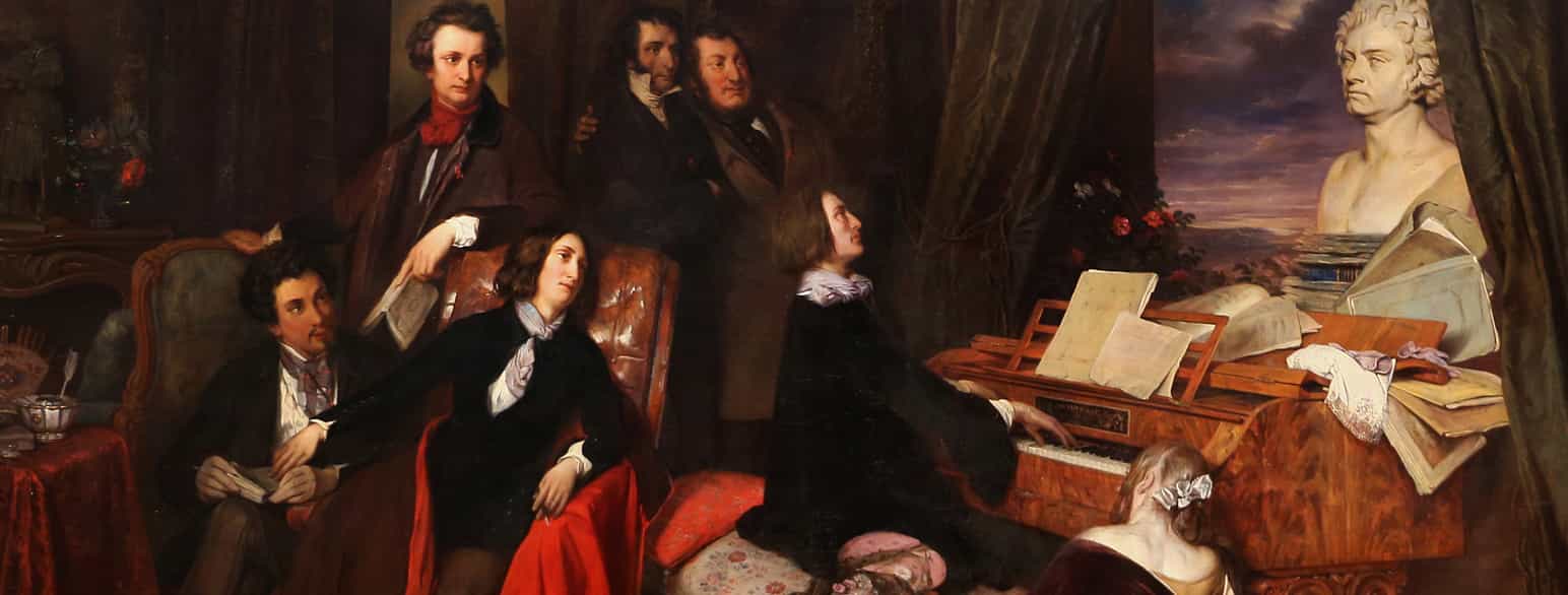Maleri av en mann som spiller piano mens andre menn ser på. 