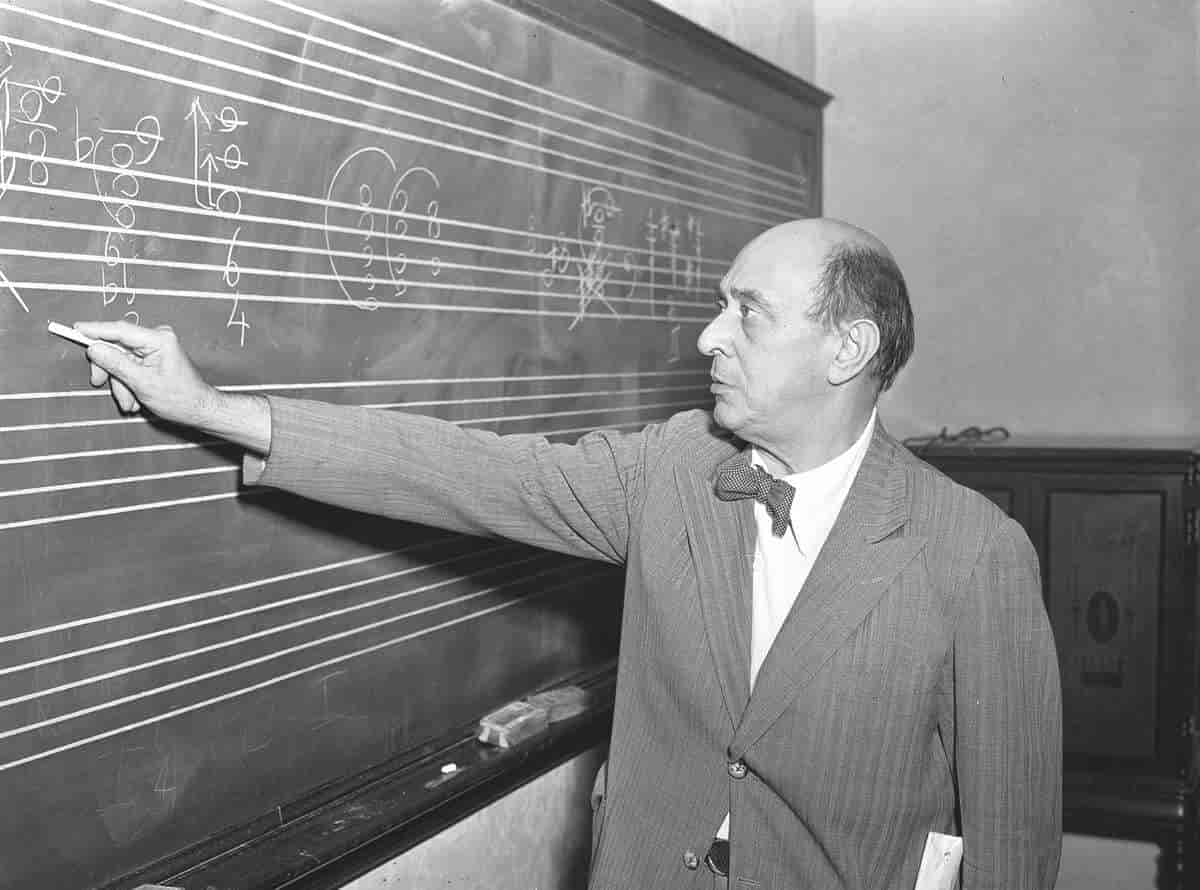 Foto av Arnold Schönberg foran en tavle med notestreker.