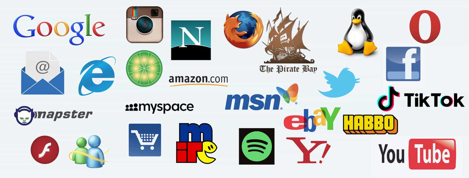 Logoer fra diverse milepæler i internettets historie.