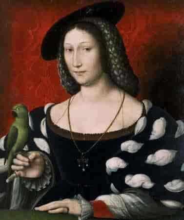 Portrett av en kvinne kledt i renessansedrakt med en papegøye på fingeren.