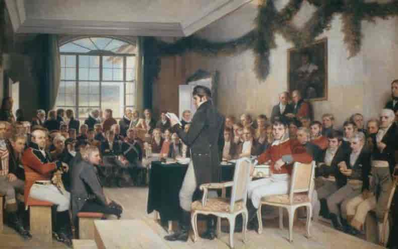 Maleriet Eidsvold 1814, som nå henger i Stortinget, viser riksforsamlingen i 1814.