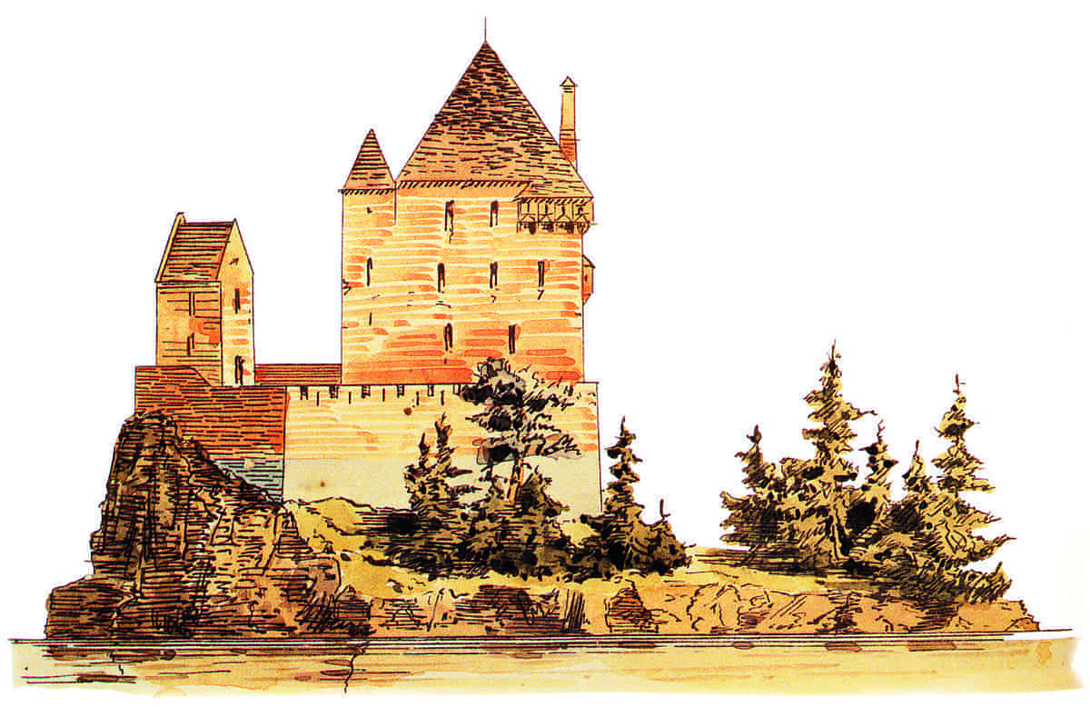 Tegning i farger. Valdisholm borg har to tårn, et stort og et lite, og en høy mur rundt. Borgen ligger på en liten holme med noen trær ute i elva Glomma.