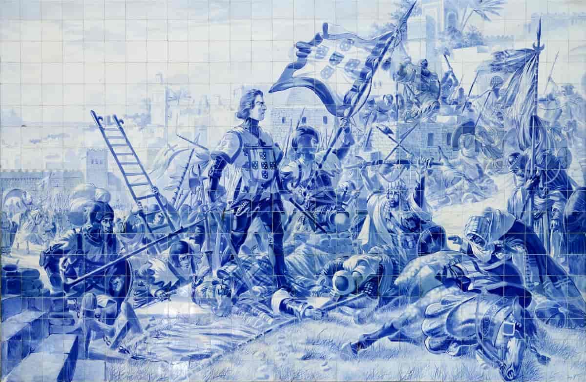 Henrik Sjøfareren erobrer Ceuta, maleri på glaserte keramikkfliser