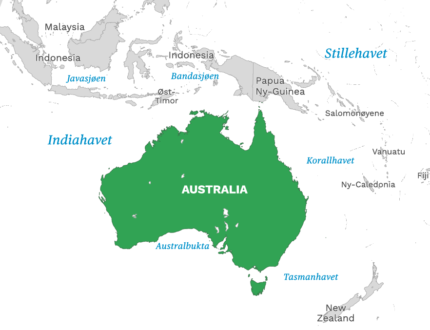 Plassering av Australia med naboland rundt, kart