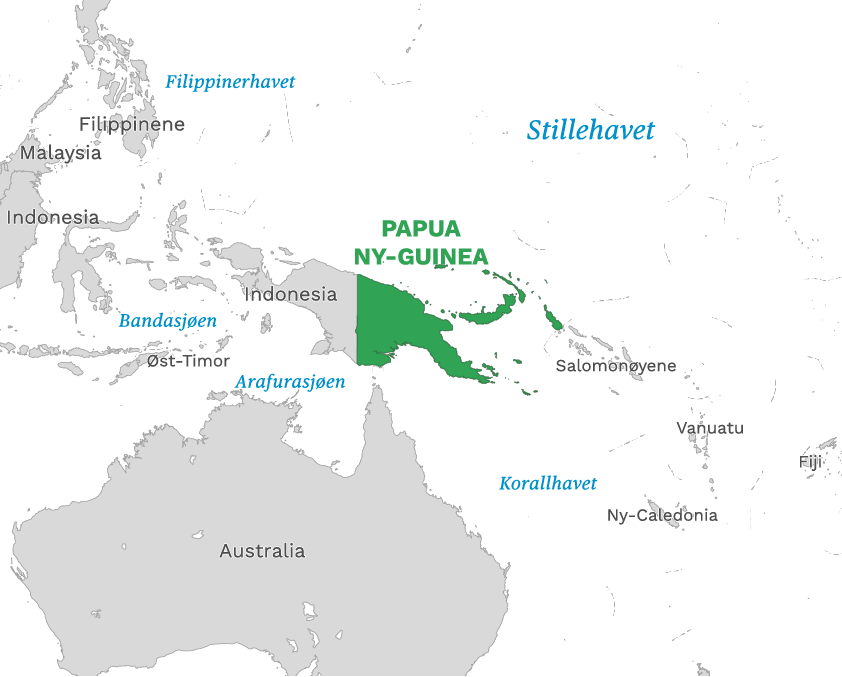 Plassering av Papua Ny-Guinea med naboland rundt, kart