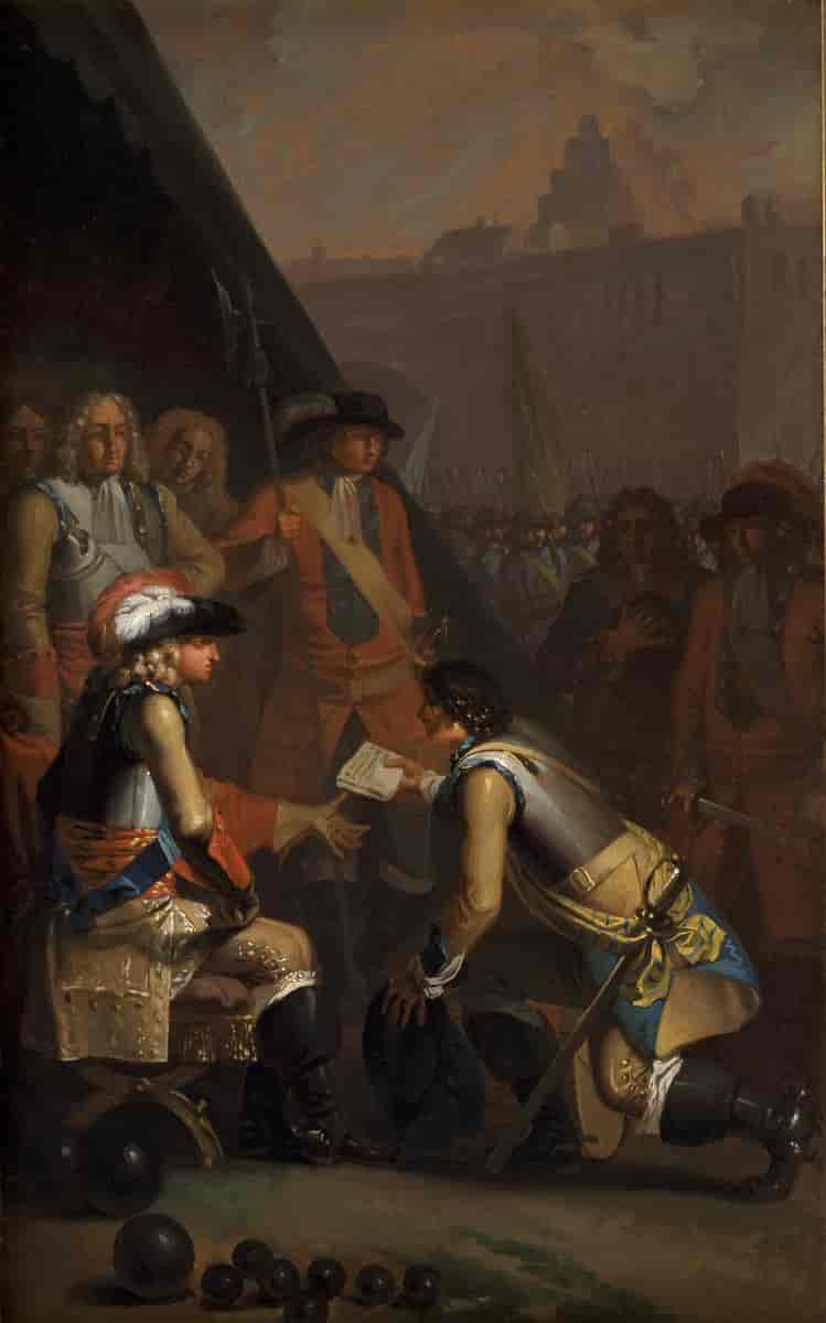 Maleri fra 1785: Magnus Stenbock overgiver fæstningen Tønningen til Frederik IV i 1714