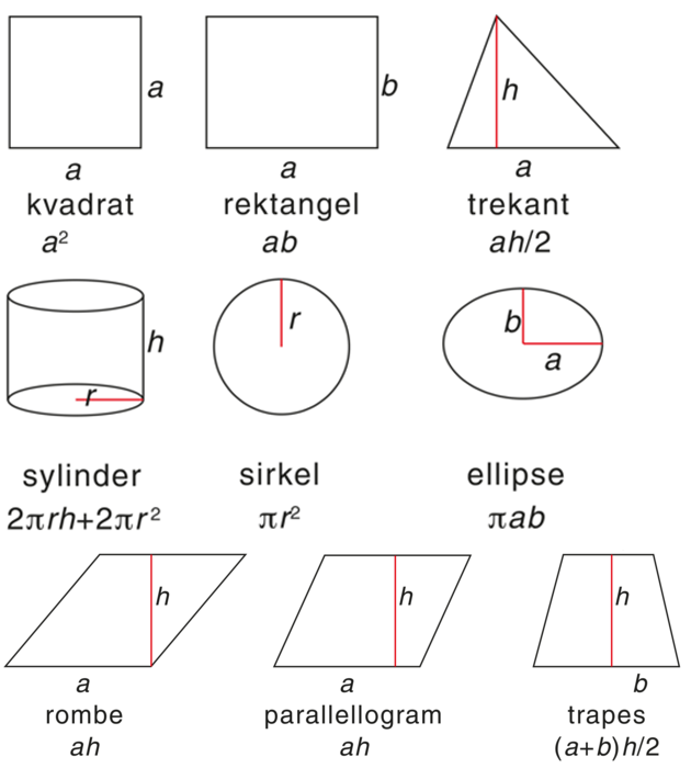 Bildet viser formelen for areal til kvadrat, rektangel, trekant, sylinder, sirkel, ellipse. rombe, parallellogram og trapes.