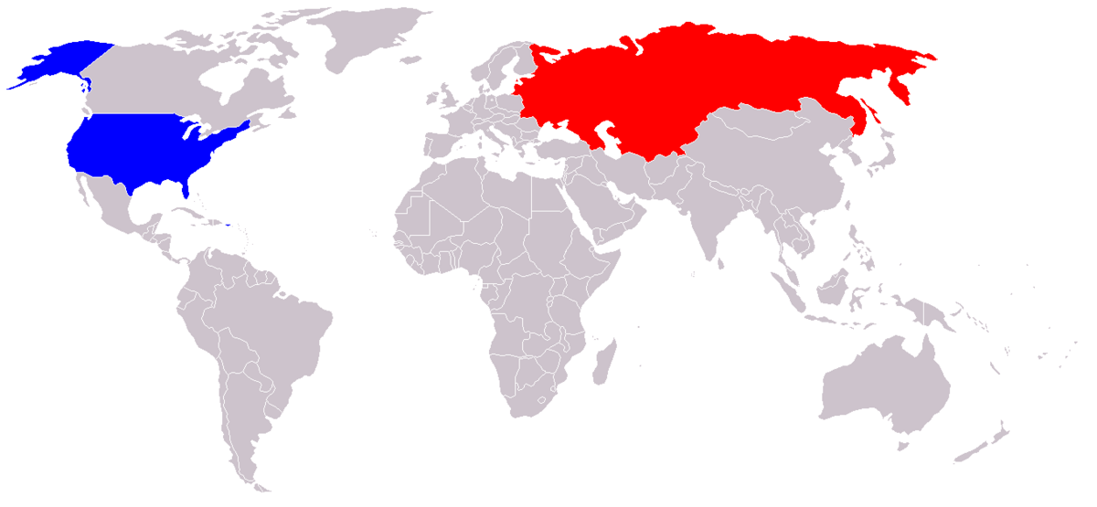 Kart over supermaktene USA (i blått) og Sovjetunionen (i rødt)