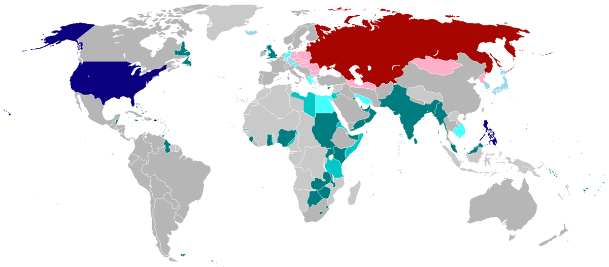 Kart over USAs, Storbritannias og Sovjetunionens interesseområder i 1945