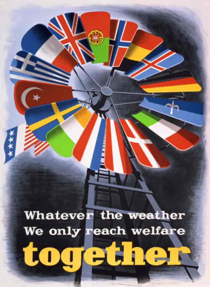 Tegning. Nederst står det: Whatever the weather, we only reach welfare together (Uansett vær oppnår vi bare velferd sammen).