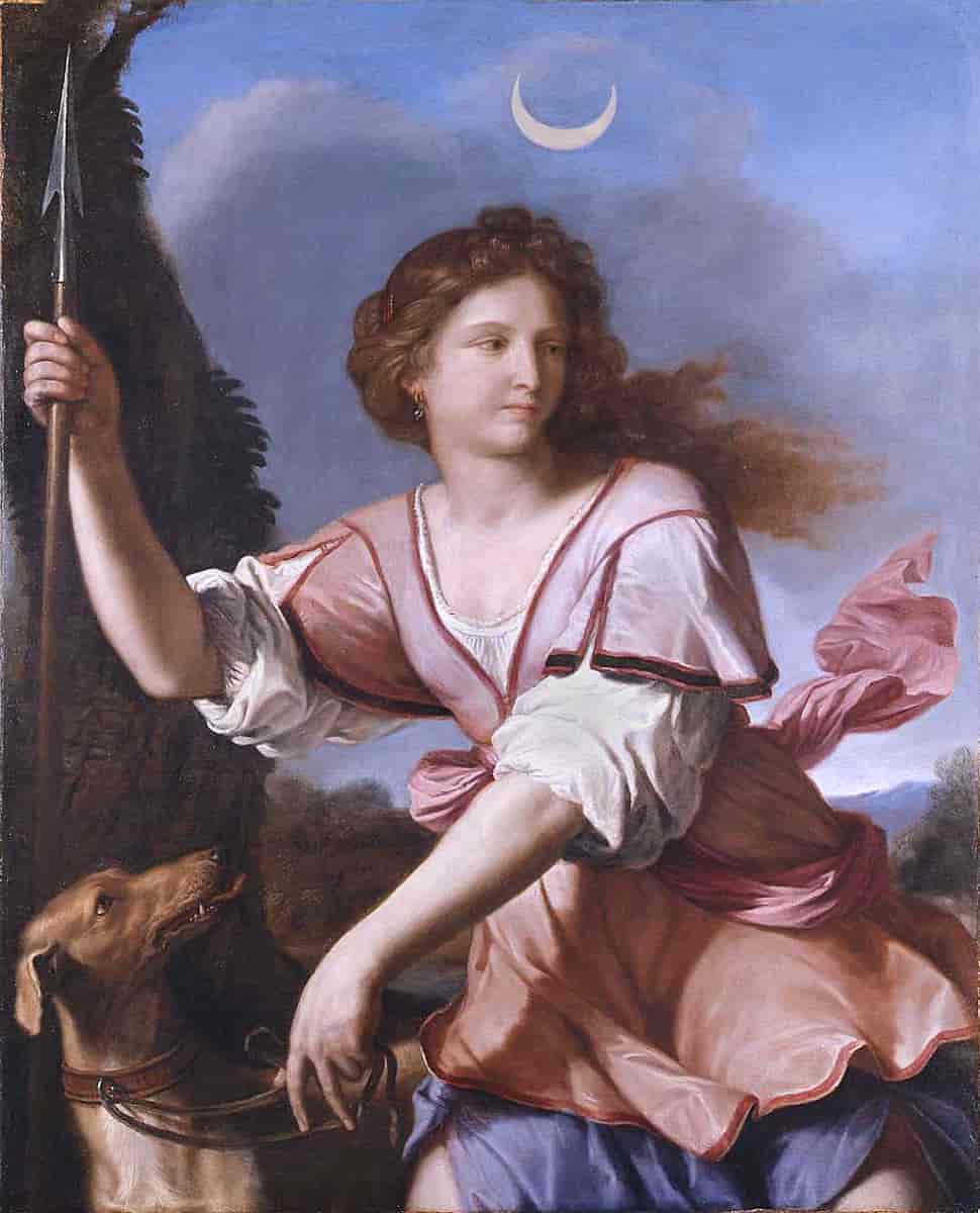 Diana med jakthund og fremstillet som månegudinne. Maleri av Giovanni Francesco Barbieri ("il Guarcino") 1599-1666.