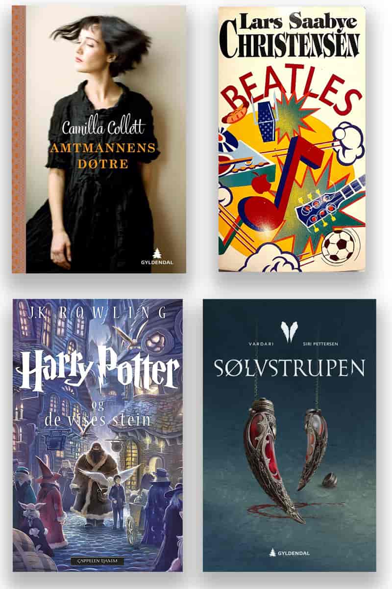 Omslaget til fire romaner: Amtmannens døtre av Camilla Collett, Beatles av Lars Saabye Christensen, Harry Potter av J. K. Rowling og Sølvstrupen av Siri Pettersen.