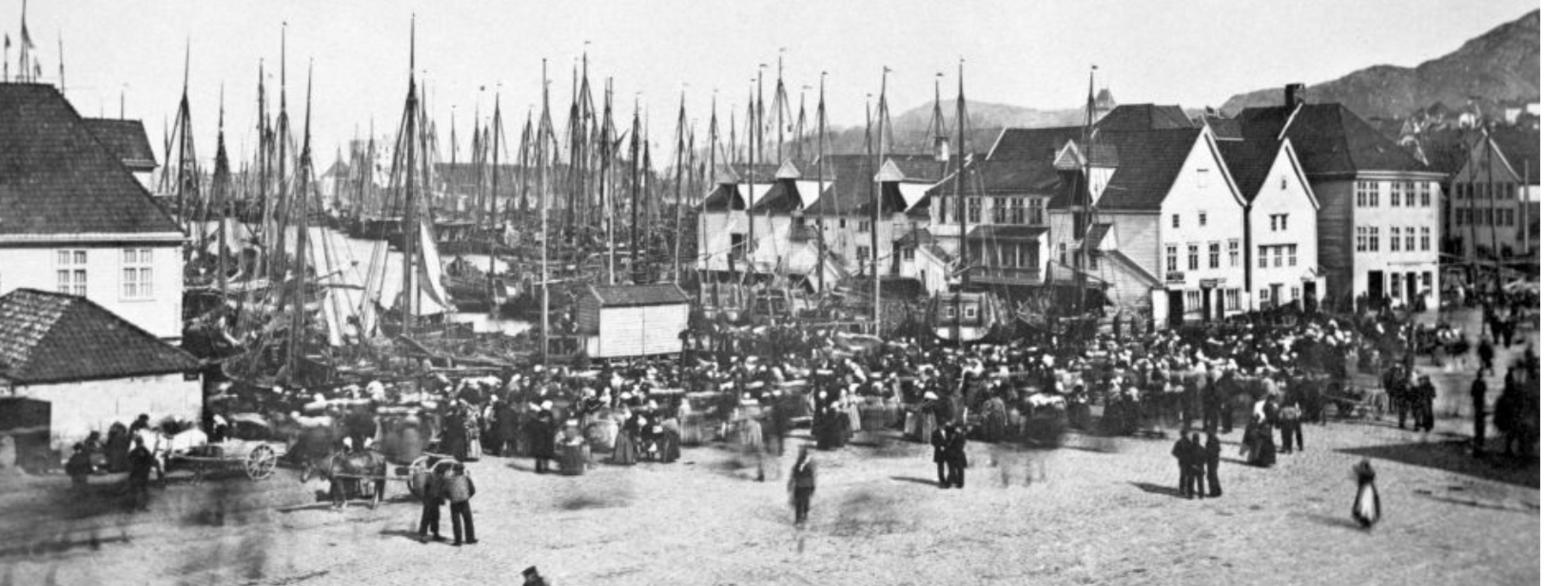 Fisketorget, Bergen, fotografert i 1860