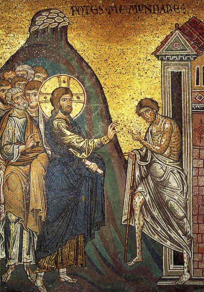 Jesus helbreder en spedalsk. Mosaikk fra Monreale-katedralen.