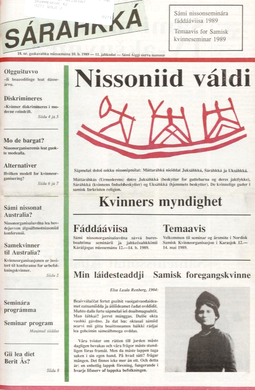 Faksimille av forside på avisa Sámi Áigi, temanummer av kvinneorganisasjonen Sáráhkká 10.05.1989