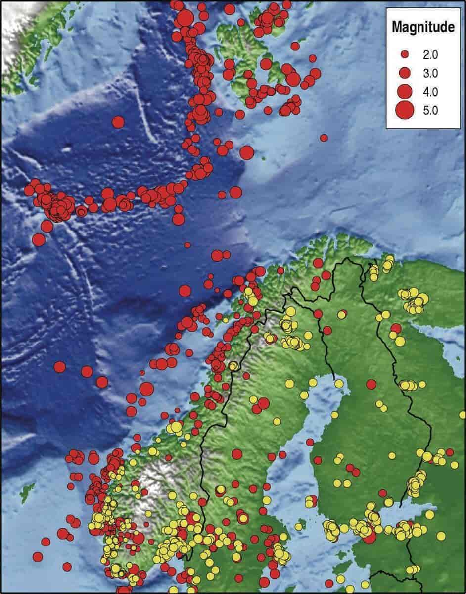 Kart over jordskjelv i Norge.