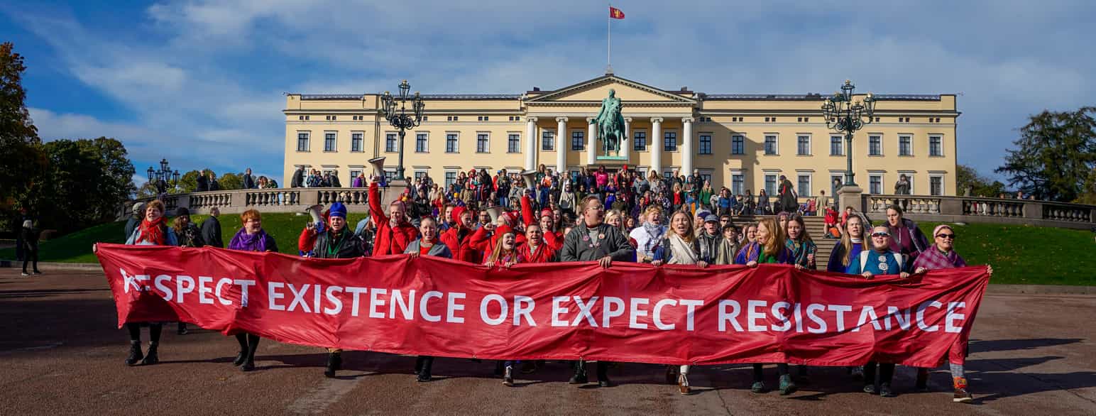 Foto av aksjonister på slottsplassen med banner hvor det står «Respect existence or expect resistance»