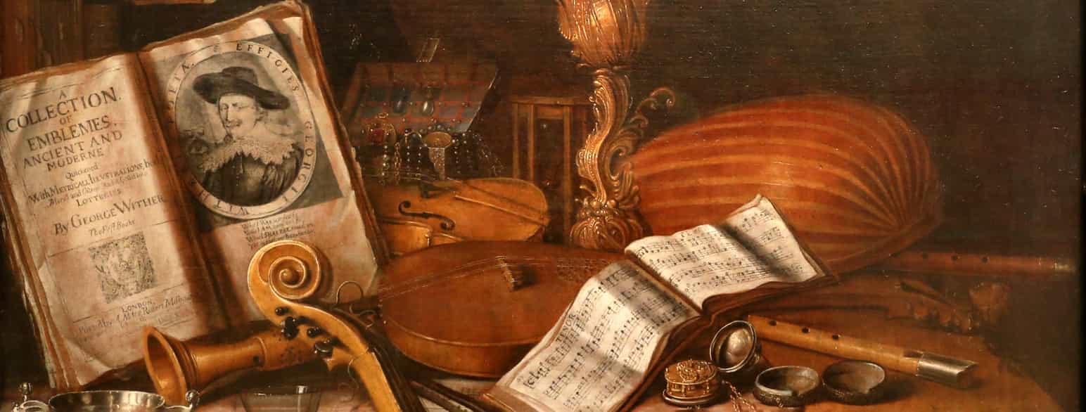 Et maleri som viser musikkinstrumenter og en bokside med engelsk tekst. Maleriet er malt i 1696