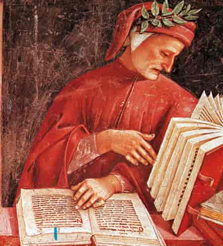 En mann i en rød kappe og med en rød lue sitter foran en oppslått bok mens han leser i en annen boks som står på siden. Rundt hodet har han en laubærkrans.