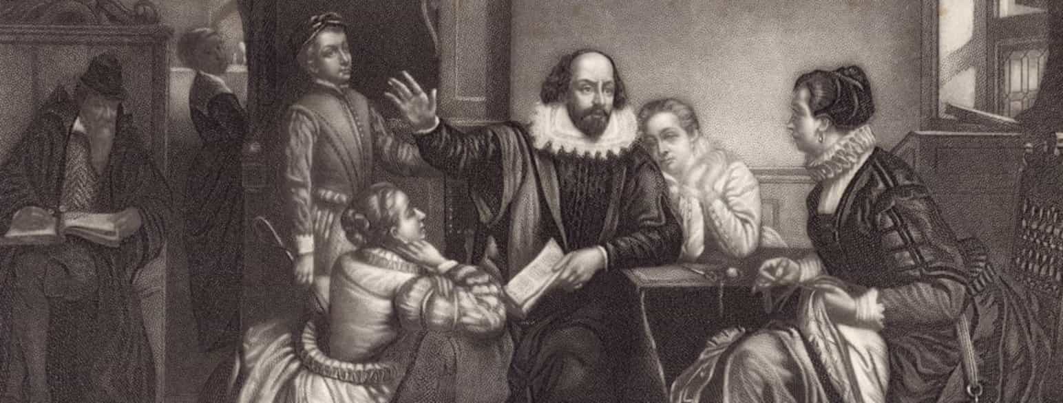 Svart/hvitt tegning av Shakespeare som leser høyt fra en bok. rundt ham sitter familien, tre kvinner og en ung gutt.