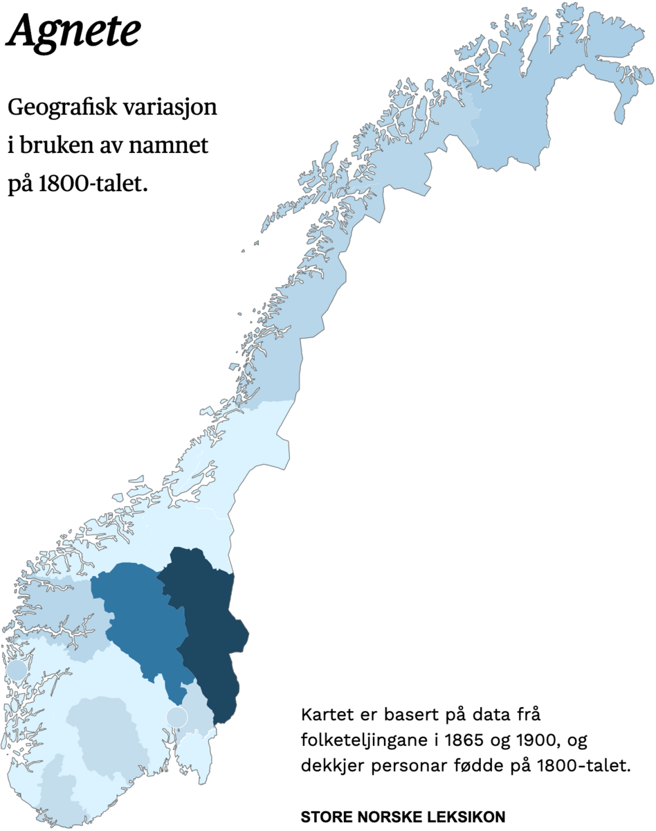 Geografisk variasjon i bruk av namnet Agnete på 1800-talet.